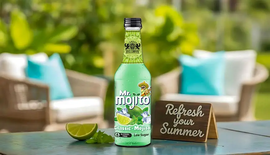 Mr. Mojito Classic Mojito—mint and lime non-alcoholic mocktail in glass bottle with sliced lime on patio table